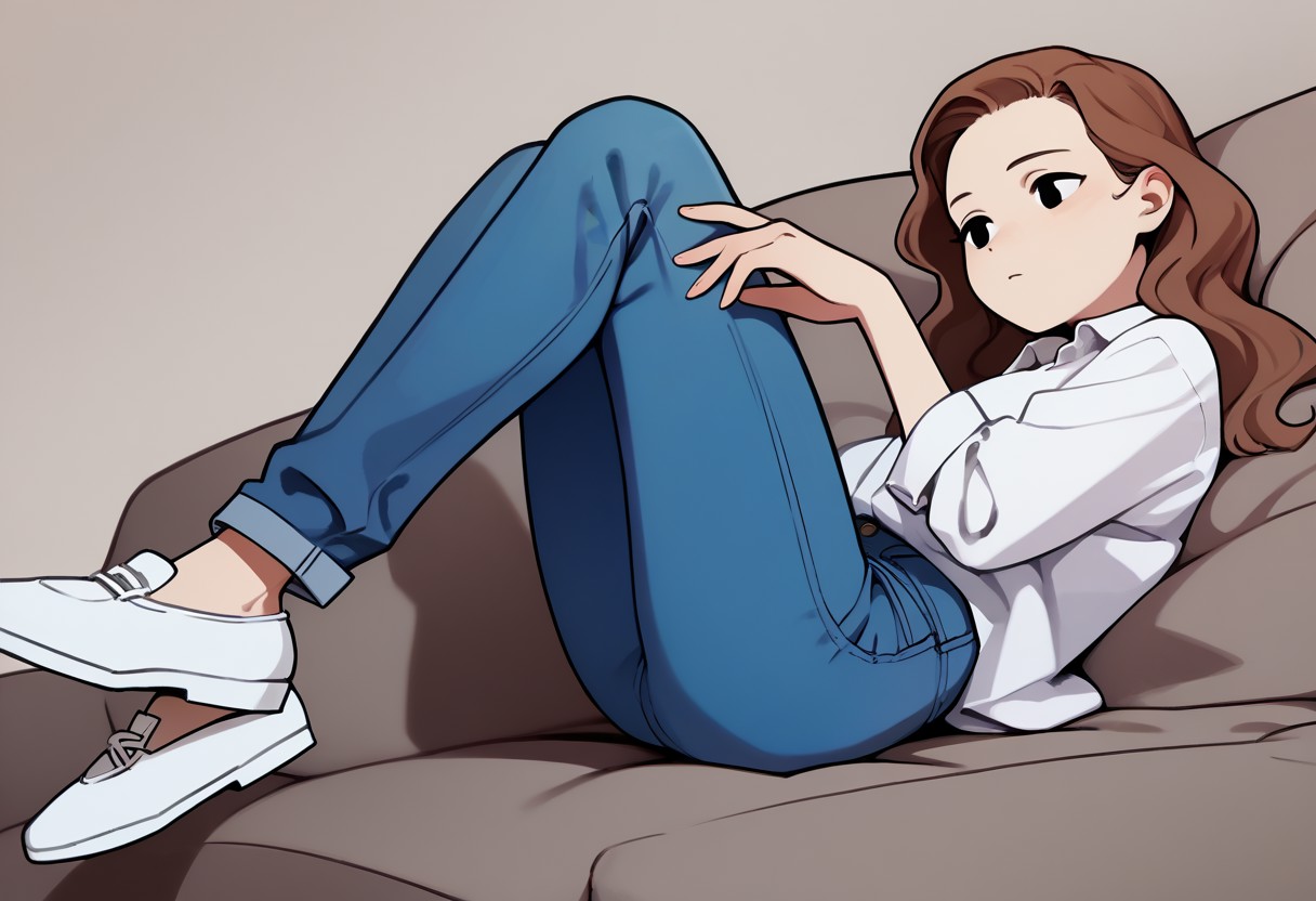 porn, score_9, score_8_up, score_7_up BREAK ebiOL, 1girl, black eyes, wavy brown hair, white shirt, blue jeans, white shoes, cartoon, relaxing at home, source_cartoon,