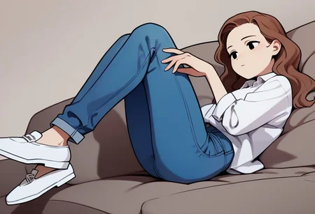 porn, score_9, score_8_up, score_7_up BREAK ebiOL, 1girl, black eyes, wavy brown hair, white shirt, blue jeans, white shoes, cartoon, relaxing at home, source_cartoon,