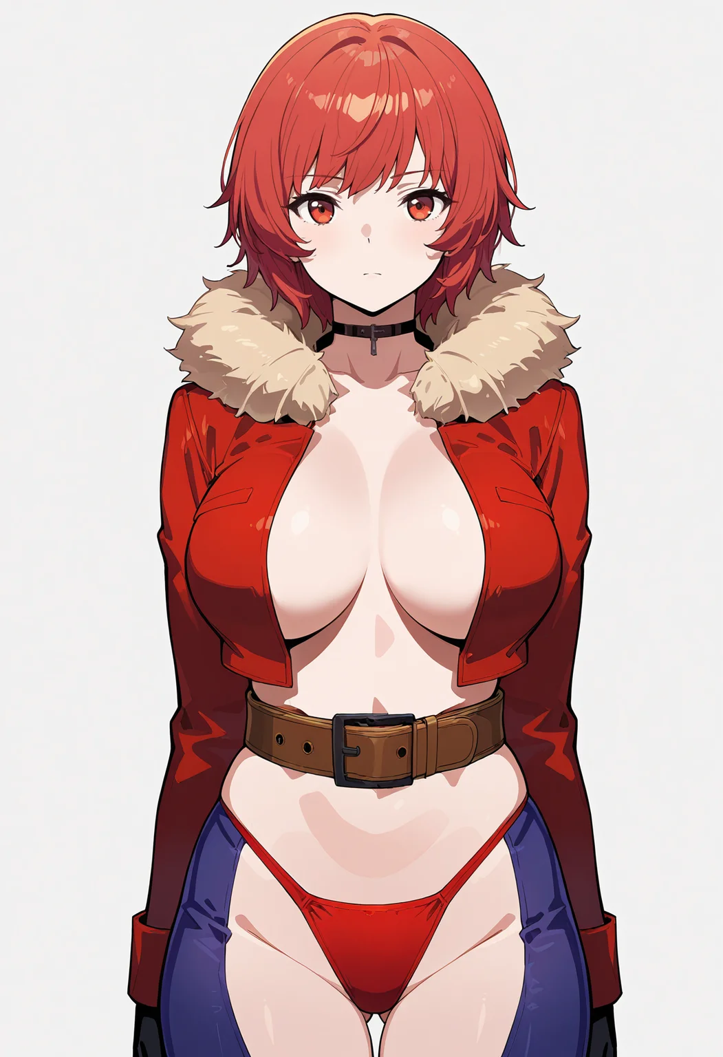 masterpiece, best quality,
1girl, solo,
standing,
looking at viewer,
<lora:Maia:1> m414, underwear, belt, red panties, choker, jacket, cropped jacket, fur trim, gloves, open clothes, pants,
white background, simple background,