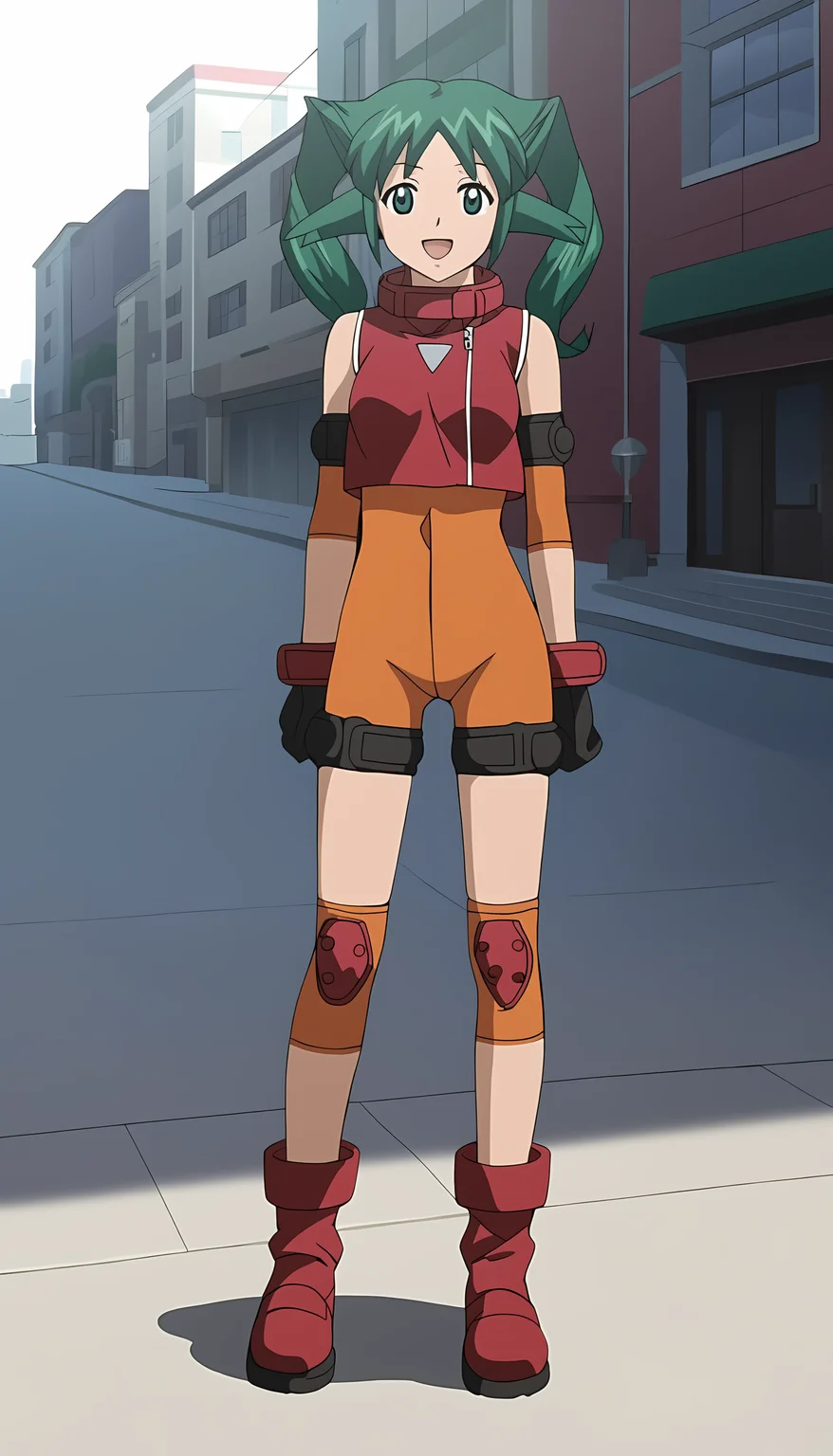 score_9, source_anime BREAK, oldest, anime screencap, outdoors, city, town, day, sunlight, standing, <lora:SoltyRevant(pony)-06:1> SoltyRevant, open mouth, smile, looking at viewer,
short hair, twintails, green hair, bodysuit, orange bodysuit, elbow pads, knee pads, gloves, boots, black and red boots, shirt, red shirt, sleeveless shirt, sleeveless, collared shirt, zipper, right side zipper, triangle print, white triangle print, (shorts), red knee_patches,
