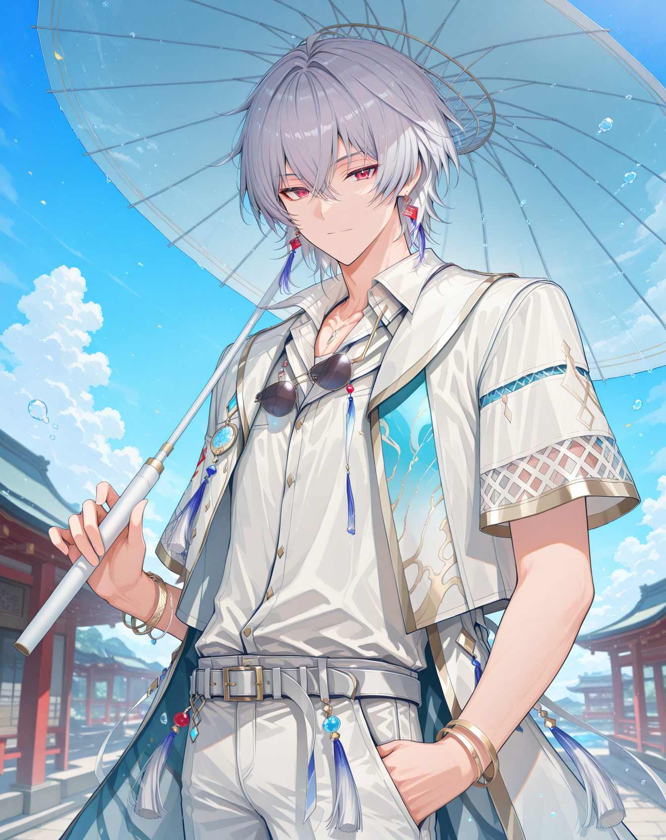 masterpiece, best quality, absurdres, very aesthetic,
1boy, solo, yaoi, male focus,
cowboy shot, upper body, looking at viewer,
<lora:AsinT_Summer_ilxl:1> asintsummer, red eyes, short hair, grey hair, hair between eyes,
white pants, white shirt, belt, unworn eyewear, sandals, holding umbrella, short sleeves, collared shirt, tassel, sunglasses, white jacket, white coat,
jewelry, earrings, bracelet, toenails,
outdoors, day, blue sky,