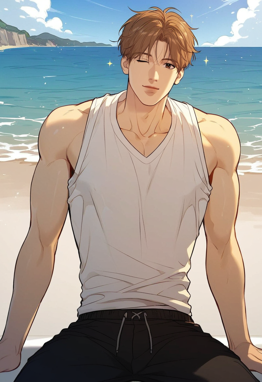 score_9,score_8_up,score_7_up,1boy,solo,male focus,yaoi,bara,male focus,fairly nsfw,uncersored,highres,best quality,amazing quality,best aesthetic,absurdres,<lora:add-detail-xl:1>,sleeveless_shirt,white shirt,looking at viewer,wink,one eye closed,beach,sitting,leaning back,cowboy shot,wink,<lora:Expressive_H:1>,Expressiveh,<lora:Dan:0.7>,dan,brown hair,brown eyes,