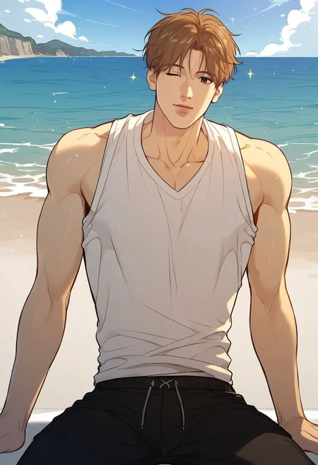 score_9,score_8_up,score_7_up,1boy,solo,male focus,yaoi,bara,male focus,fairly nsfw,uncersored,highres,best quality,amazing quality,best aesthetic,absurdres,<lora:add-detail-xl:1>,sleeveless_shirt,white shirt,looking at viewer,wink,one eye closed,beach,sitting,leaning back,cowboy shot,wink,<lora:Expressive_H:1>,Expressiveh,<lora:Dan:0.7>,dan,brown hair,brown eyes,