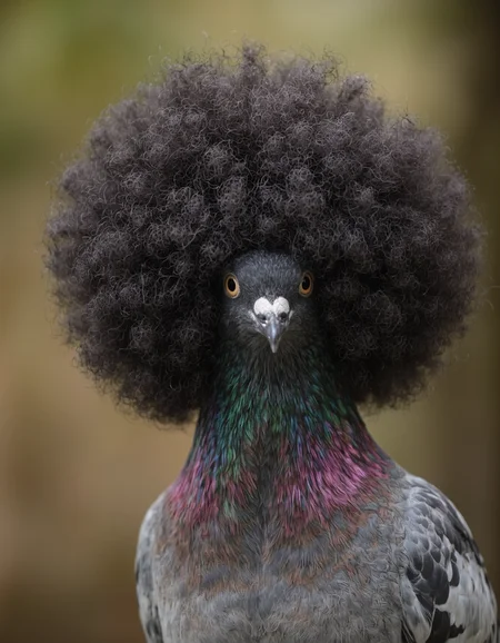 a close up of a pigeon with an afro wig, with a blurred background, looking straight to the camera