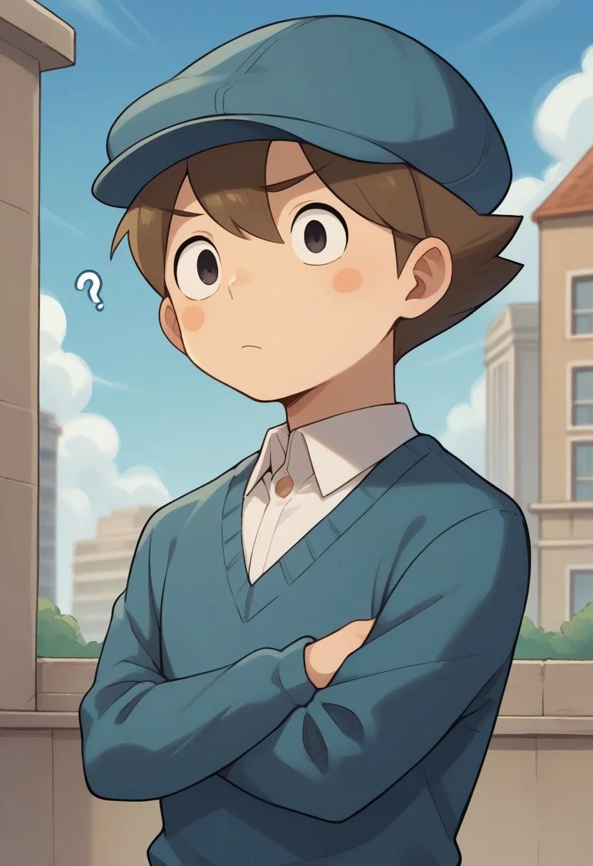 score_9, score_8_up, score_7_up, source_anime, highly detailed,
luke, 1boy, solo, male focus, black eyes, hat, blue headwear, brown hair, sweater, shirt, white shirt, blush stickers,
outdoor, sky, building, crossed arms, confused, ?