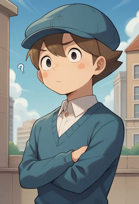 score_9, score_8_up, score_7_up, source_anime, highly detailed,
luke, 1boy, solo, male focus, black eyes, hat, blue headwear, brown hair, sweater, shirt, white shirt, blush stickers,
outdoor, sky, building, crossed arms, confused, ?