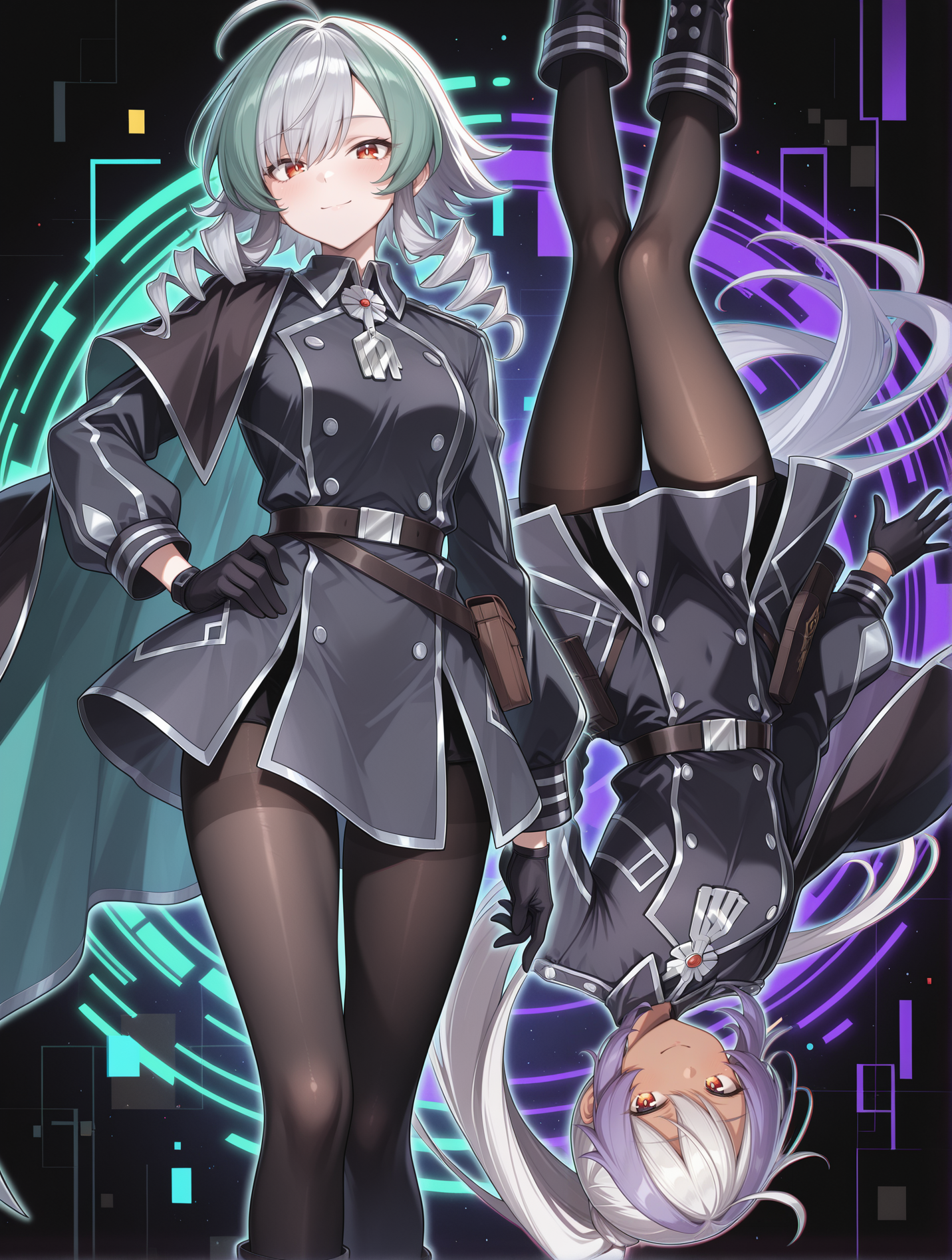 2girls,black background,silver medal,black military uniform,glitch,black gloves,black boots,black pantyhose,looking at viewer,smile,hand on hip,closed mouth,sidelocks,sky striker ace - camellia,right side cape,sky striker ace - azalea,left side cape,upside-down,dark-skinned female,purple neon trim,green neon trim,
masterpiece,best quality,amazing quality,very aesthetic,absurdres,newest,<lora:sky striker ace - camellia and azalea illusXL v2:0.7>,