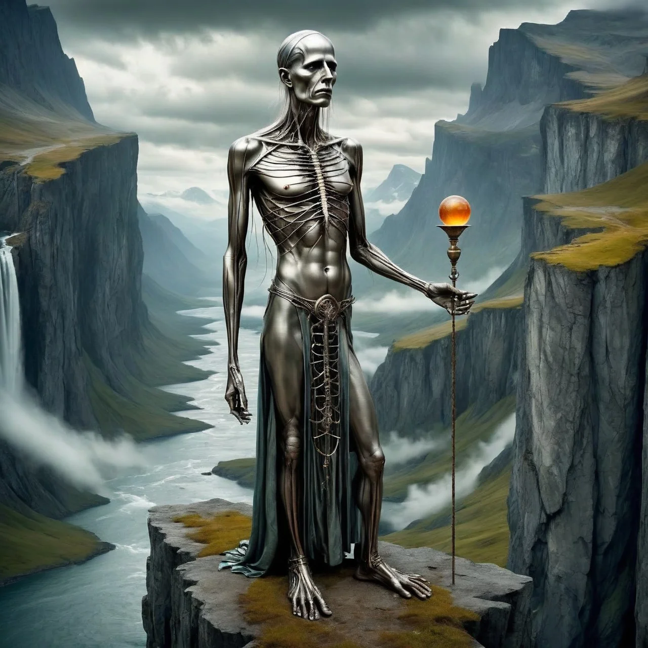 a coloured fantasy photo of a mature cs-m3tal-ok_v06-1000 Norwegian Tarot The Beggar standing on a precipice. Their bodies have networks of fine (black:0.33) lines. Intricate, very detailed