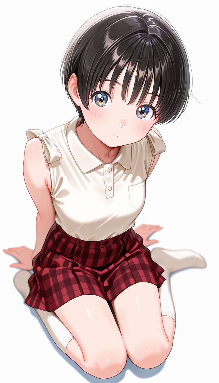IllusP0s, masterpiece, best quality, amazing quality, very aesthetic, absurdres, newest, (ultra detailed hair), ((dynamic angle)), (softly blurred eyes highlights)
BREAK
1girl,  hir0mi_nene, black hair, short hair,  <lora:hiromi-nene03:1>
eyes focus, looking at viewer,
knee-length red checked cocoon skirt,
BREAK
blank background, sitting, neutral black expression, full body,
<lora:noob1.1-lineart_adjust_mult-mki:-1.9>, <lora:SmoothMix_Illustrious_v2:0.4>,