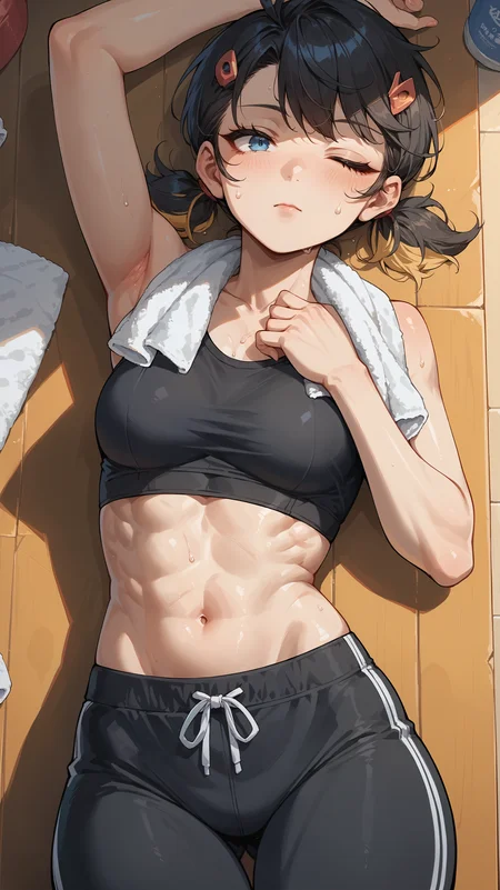 score_9,score_8_up,score_7_up,score_6_up, <lora:xl_more_art-full_v1:0.5>, source_anime, girl, dynamic pose, sleeping, <lora:Peni Parker - Pony-000004:0.8>, black hair, short twintails, multicolored hair, streaked hair, blue eyes, black crop top, black sweatpants, wiping sweat, towel around neck, exhausted, wiping face,