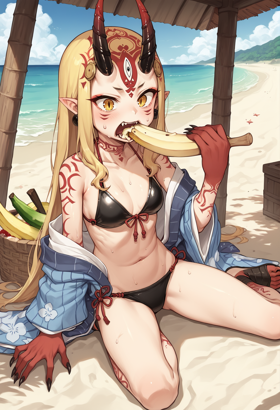 1girl, long hair, blonde hair, sidelocks, yellow eyes, pointy ears, facial mark, tattoo, forehead mark, oni, horns, sharp fingernails, black bikini, japanese clothes, blue kimono, jewelry, sandals, sitting, outdoors, hut, beach, sweat, eating, banana, holding banana, open mouth, fang, food in mouth <lora:Ibaraki_Douji_XL:1>, score_9, score_8_up, score_7_up, score_6_up, score_5_up, score_4_up, BREAK source_anime, masterpiece