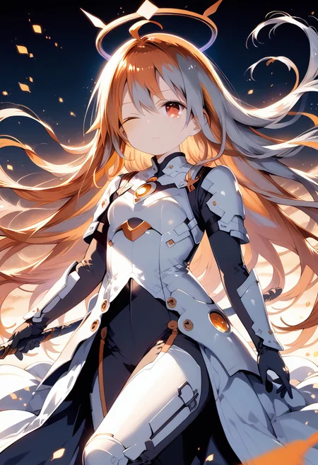 score_9, score_8_up, score_7_up, 1girl,FujisakaLP,high definition eyes, (masterpiece), (best quality), (ultra detailed),(disheveled hair),(illustration), (best shadow), detail1eye, warm lighting, bright colors, solo, very long hair, grey hair, orange hair, orange inner hair, red eyes, colored inner hair, two-tone hair, ahoge, absurdly long hair, orange colored inner hair, multicolored hair, halo, , , body suit, flowing hair, wind, one eye closed, staff, dress, armor, headgear, floating, <lora:sigmav2:0.7>
