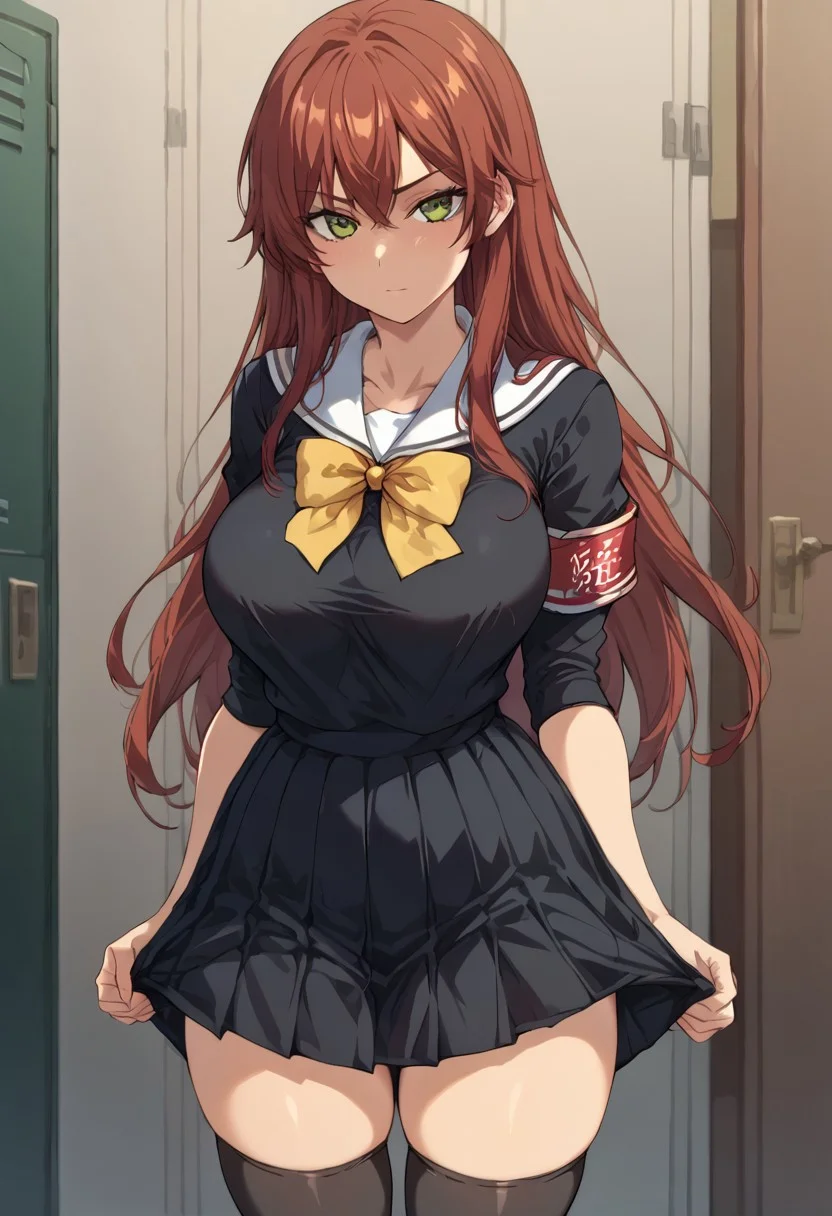 score_9, score_8_up, score_7_up, 1girl, solo, 1girl, solo, Kyouko Inukai, standing, big breasts, red hair, long hair, green eyes, slender body,
school uniform, pleated skirt, black serafuku, black thighhighs, black skirt, yellow bow, yellow armband, l0ckerroom, locker_room, front view,
overall detail, high resolution, masterpiece, detailed clother, highly detailed