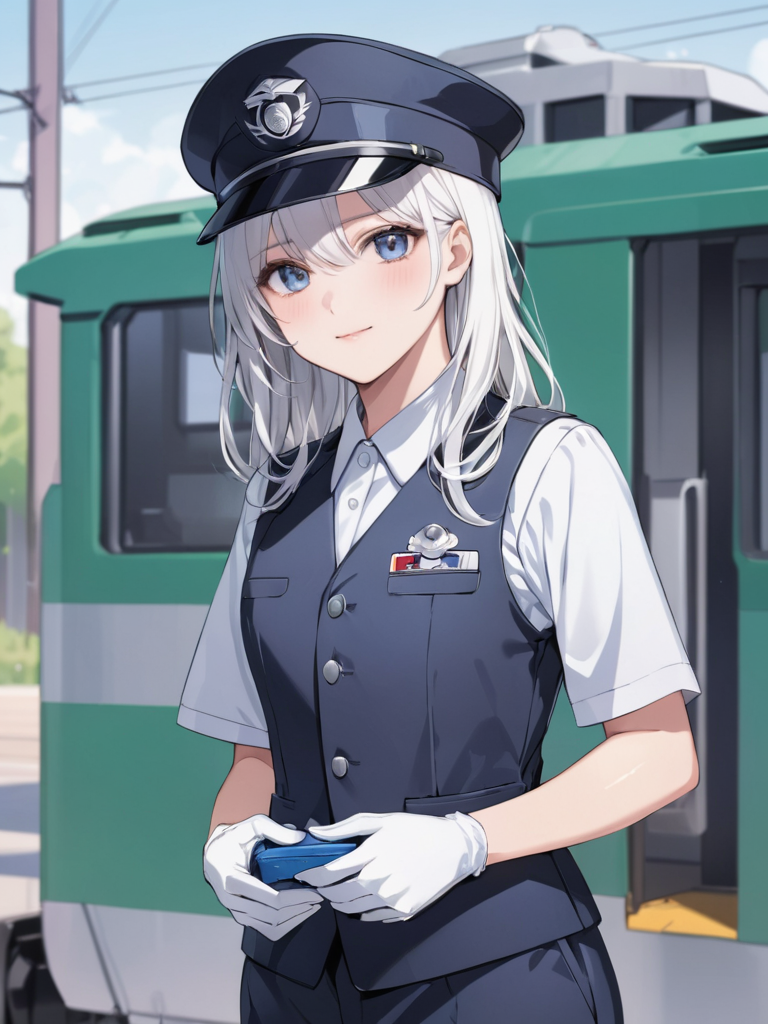 masterpiece,ultra-detailed,best quality,8K,illustration,cute face,clean skin ,shiny hair,girl,ultra-detailed-eyes,simple background, <lora:add-detail-xl:1> <lora:caboose uniform_XL_V1.0:0.8> caboose uniform, hat, shirt, vest, gloves, pants,statin