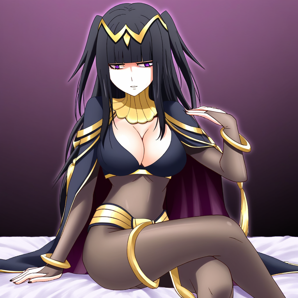 Tharja, black hair, long hair, bangs, tiara, jewelry, bodystocking, bodysuit, cape, purple eyes, bracelet, large breasts, cleavage, 1girl, bed, solo. sitting