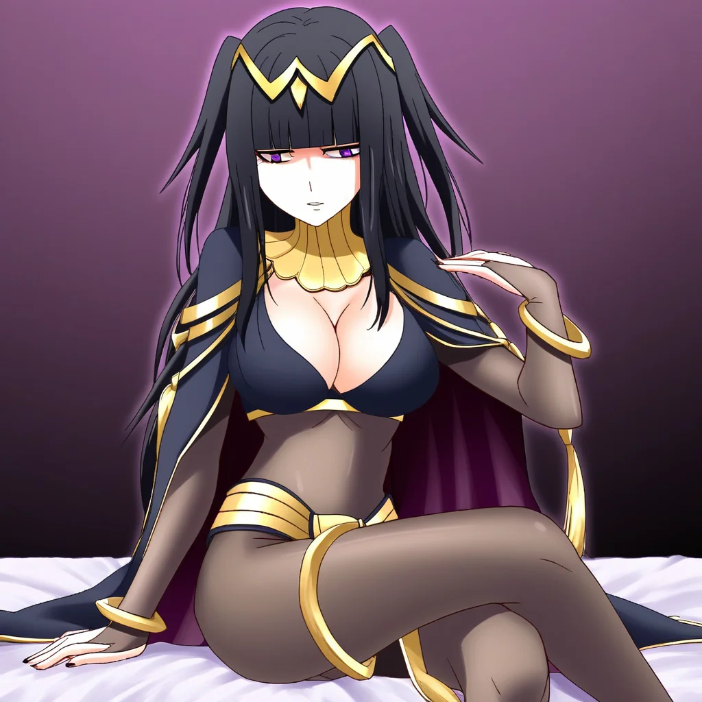 Tharja, black hair, long hair, bangs, tiara, jewelry, bodystocking, bodysuit, cape, purple eyes, bracelet, large breasts, cleavage, 1girl, bed, solo. sitting