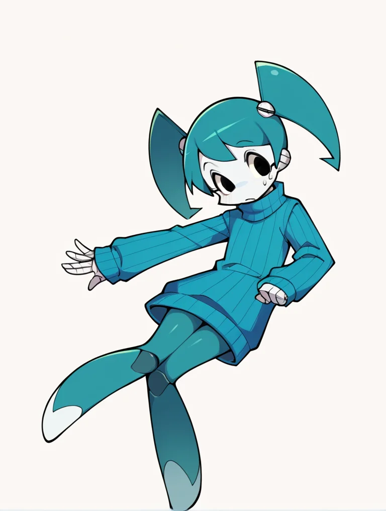 score_9, score_8_up, score_7_up, score_6_up, score_5_up, score_4_up, source_anime, BREAK
(1girl, solo:1.2), simple background, <lora:XJ-9:0.8> xj9, robot girl, black eyes, aqua hair, sweaterdress, turtleneck, ribbed sweater, oversized sweater, blue sweater, pantyhose, twintails,