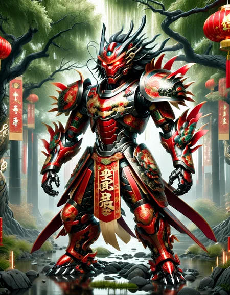 masterpiece,best quality,ultra-detailed,very detailed illustrations,extremely detailed,intricate details,highres,super complex details,extremely detailed 8k cg wallpaper, caustics,reflection,ray tracing, ral-lnrnwyr MECHA MUSUME, MECHANICAL PARTS,1boy, face, solo,alone, samurai, single mechanical arm, intricate mechanical bodysuit, red kimono, full armor, black hair, mecha sword on his belt, by the nature, trees, evening, 2hands, made of ral-lnrnwyr <lora:ral-lnrnwyr-sdxl:1>