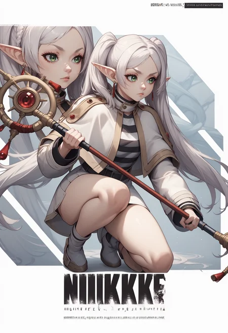 score_9, score_8_up, score_7_up, source_anime, 1girl, IncrsNikkeProfile, full body, holding weapon, holding staff, one knee, <lora:NIKKEProfile_PDXL:1>, <lora:ChamFrierenPonyXL:1>, FrierenBase, green eyes, white hair, long hair, twintails, earrings, white capelet, striped shirt, long sleeves, belt, white skirt