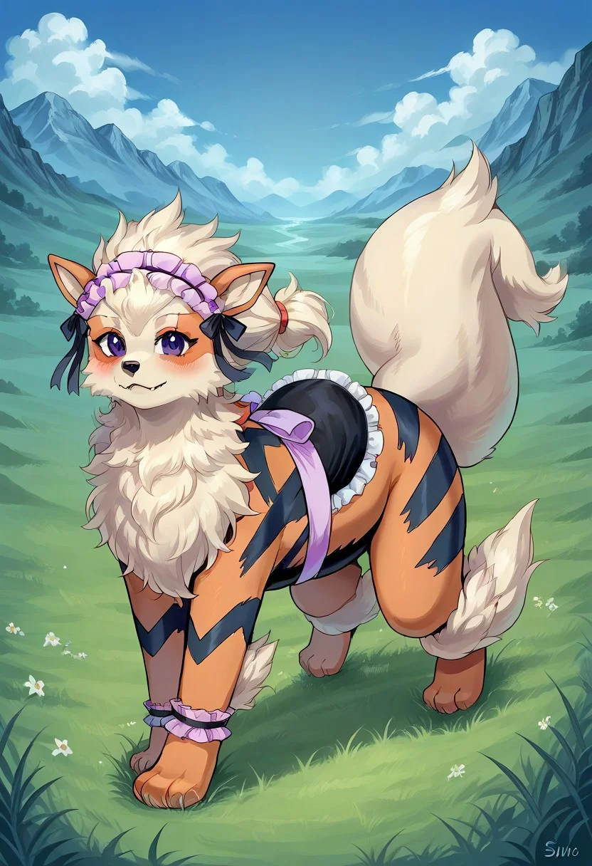 riding on a large Arcanine.
score_9, score_8_up, score_7_up, score_6_up, source_anime,
detailed face,
(girl riding on animal,
giddyup, animal riding),
BREAK
((simfonira, source_reference),source_screen_good, model_type_fox,ears_fox, outfit_maid,maid, hair_tails,twintails, long hair, hair bow, eyes_purple,purple eyes),
full body, looking at viewer, dynamic angle,
(girl legs, boots),
BREAK
masterpiece,
outdoors, field, grass, looking at viewer, 1girl, best quality, blush, seductive smile, bracelet, riding, animal, riding animal, riding arcanine, side_view,
BREAK
, dof, full body, solo, <lora:POKEMON_ARCANINE:1> arcanine, large arcanine, pokemon (creature), jumping, feral, side_view
