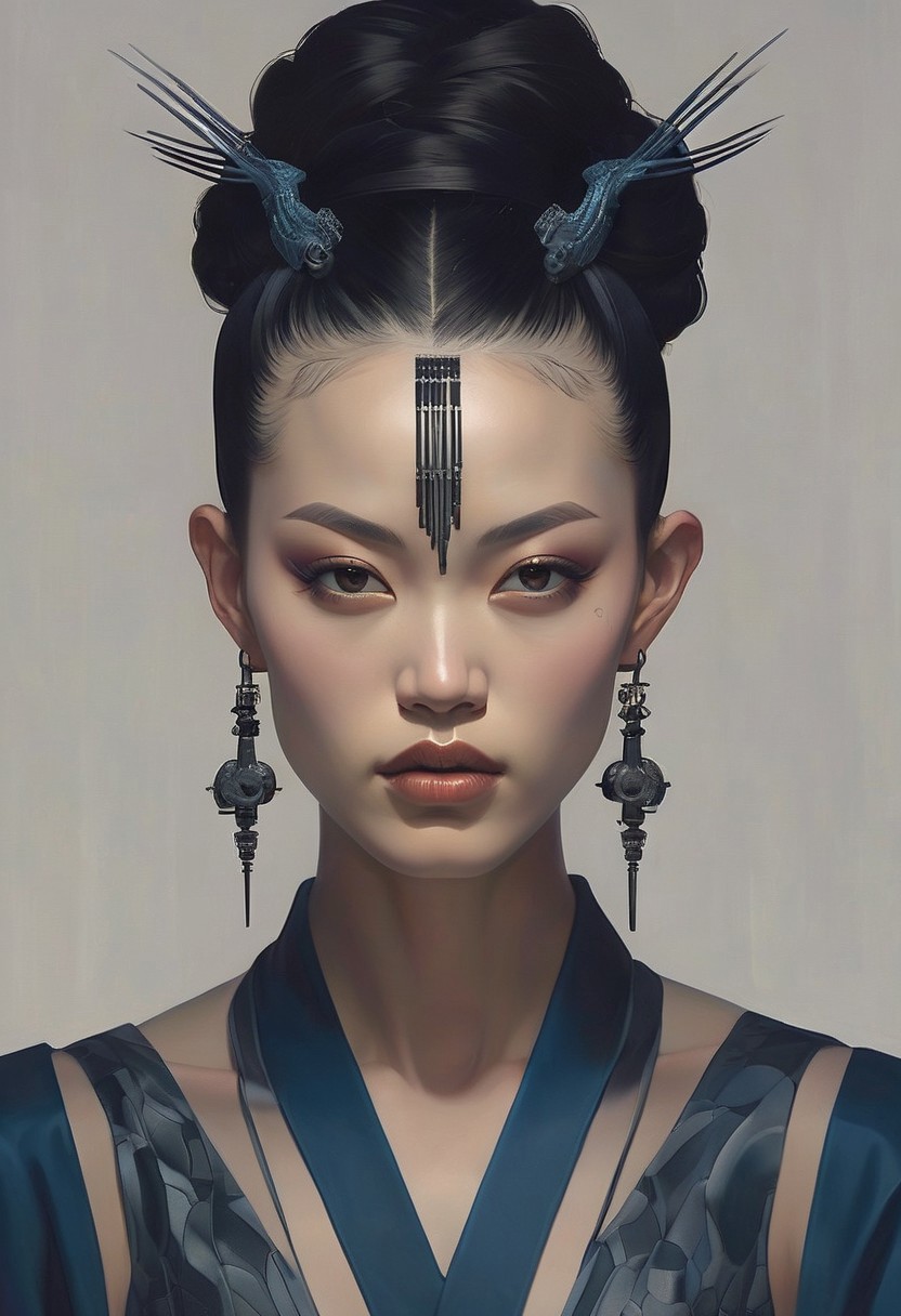 (highly detailed, hyper realistic, cinematic, dramatic style, 8K, masterpiece) This is a digital portrait of a Chinese woman with sharp features and a sleek, high bun secured by matte black spikes. She wears a modernized kimono with asymmetric cuts, layered in carbon black and reflective obsidian gray fabrics, trimmed in metallic threads resembling circuitry. Her skin is pale, her eyes deep violet with sharp black liner and smudged charcoal shadow extending to her temples. Her lips are matte black. Her earrings are vertical plastic barcode tags clipped to steel loops. Across her face are glowing, angular cyan tattoos arranged in symmetrical parametric patterns from below her eyes to her chin. Her horns are gunmetal, segmented, etched with small serial numbers, rising back from her temples. The background is a deep, gradient slate-blue embedded with soft, parametric optical illusion grids that pulse faintly. The composition fuses post-apocalyptic fashion with cybernetic elegance, combining digital precision with cultural futurism.