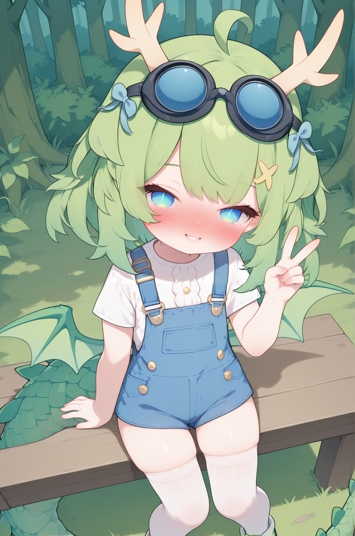 masterpiece,best quality,amazing quality, DragonGirlMPVTILXL, 1girl, blue eyes, slit pupils, green hair, short hair, bangs, ahoge, horns, hair ornament, blue bow, black goggles, goggles on head, green wings, dragon tail, flat chest, white shirt, short sleeves, blue overall short, white thighhighs, green shoes, solo, sitting, above view, (peace sign, v), seductive smile, looking at viewer, naughty face, nose blush, forest, tree    <lora:DragonGirlMPVTILXL:1>