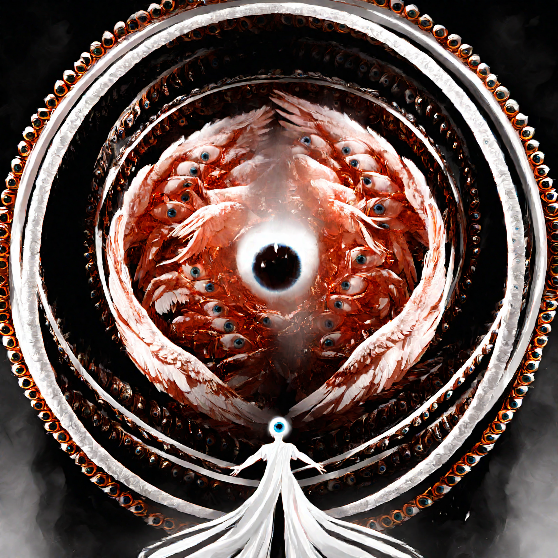 leogirl, seraphins, mystical creature with hundreds of eyes and wings, with the shape of a giant ring, circular hoops around body, massive size, angelical lights <lora:Seraphins1.0-000038:0.8>