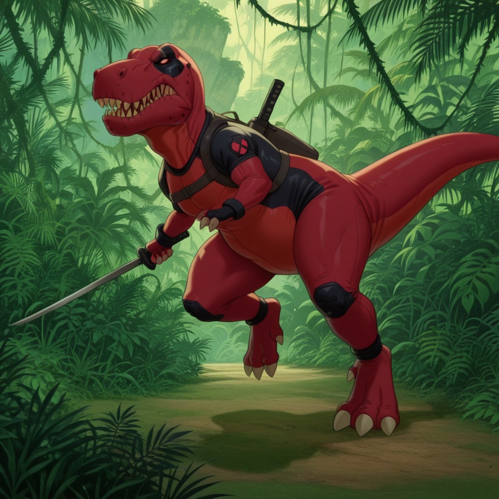 masterpiece, best quality, amazing quality, Tyrannosauruslbtil, feral, Tyrannosaurus rex, deadpool costume, holding swords,  jungle