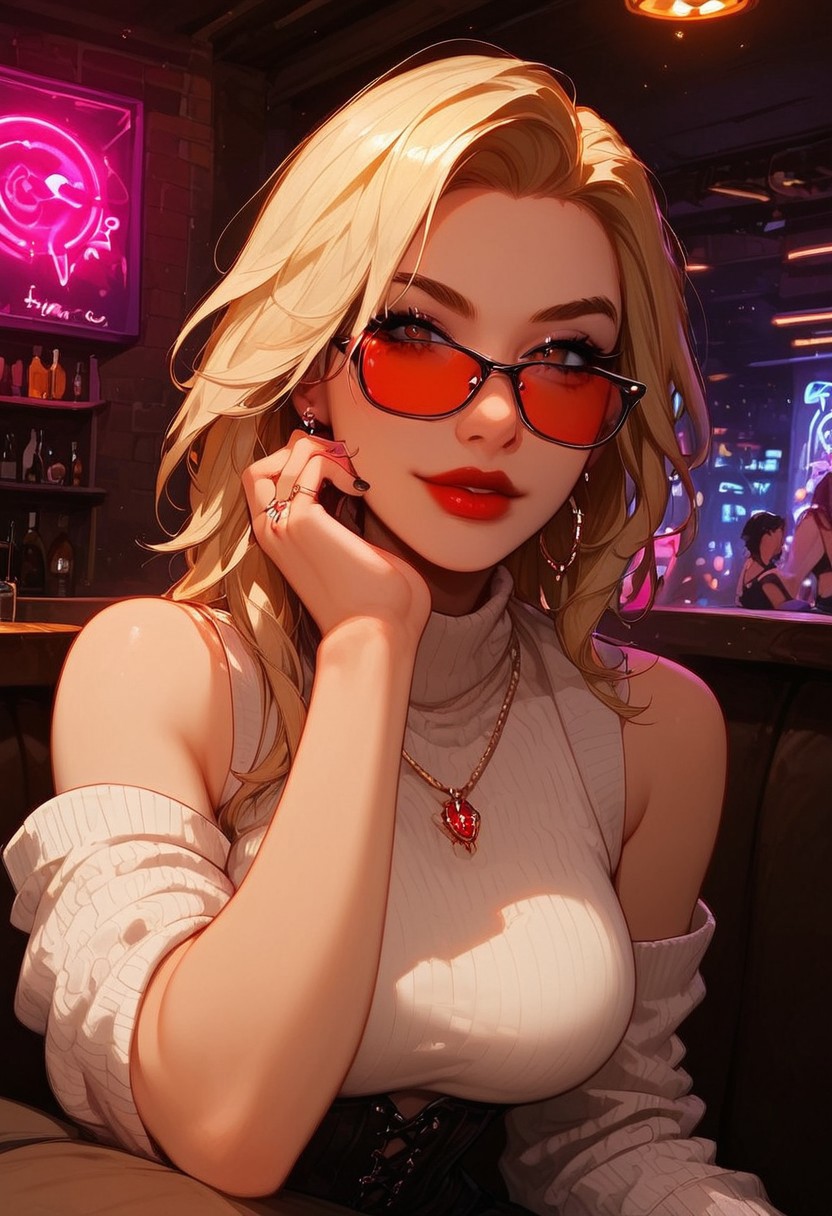 score_9,score_8_up,score_7_up,score_6_up,score_5_up, best_quality, ultra-detailed, masterpiece, close up, 
1girl, jewelry, glasses, earrings, corset, looking at viewer, red nails, ring, bare shoulders, red lips, tinted eyewear, ribbed sweater, sleeveless sweater, turtleneck, black nails, black skirt,
Break
In a night club, sitting at the bar, looking from across the counter, neon lights, dark interior, neon glow,