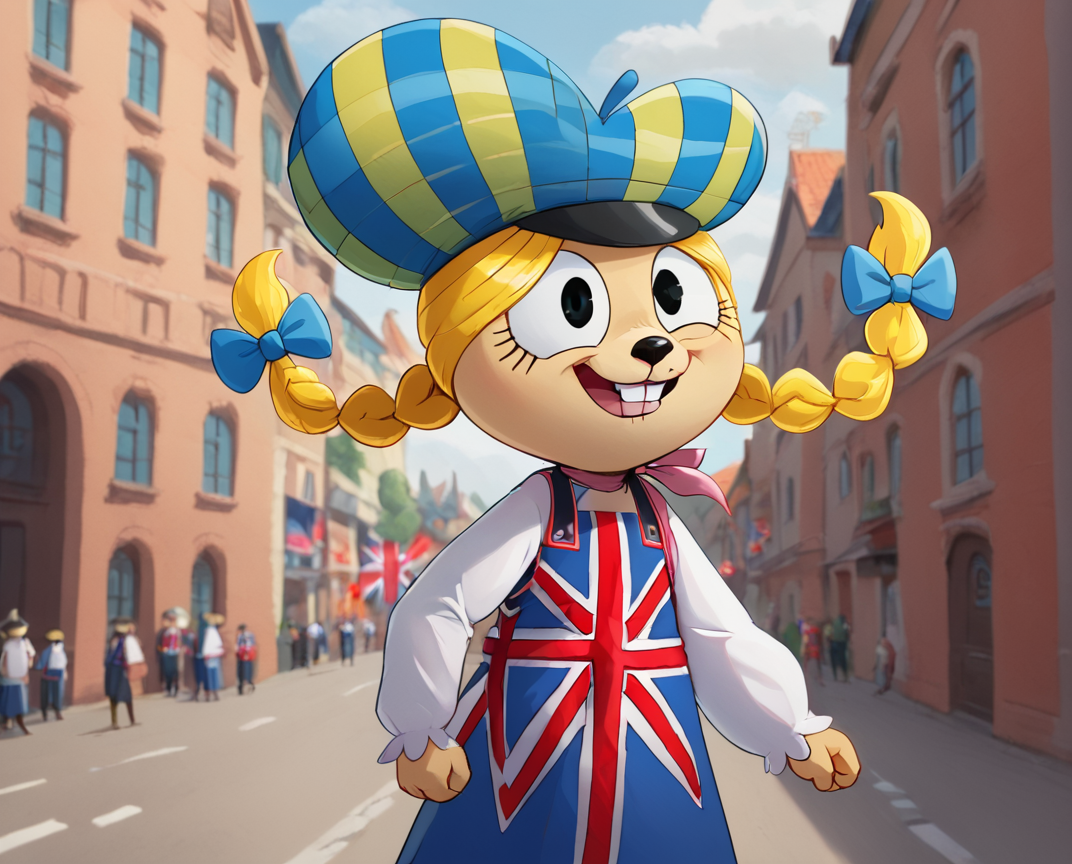 score_9, score_8_up, score_8,   <lora:Eurotrish_for_PonyXl:0.9> 1girl, fhstyle, hat, solo, furry female, hair bow, blonde hair, twin braids, teeth, braid, (union jack dress), white sleeves, outdoors, france,