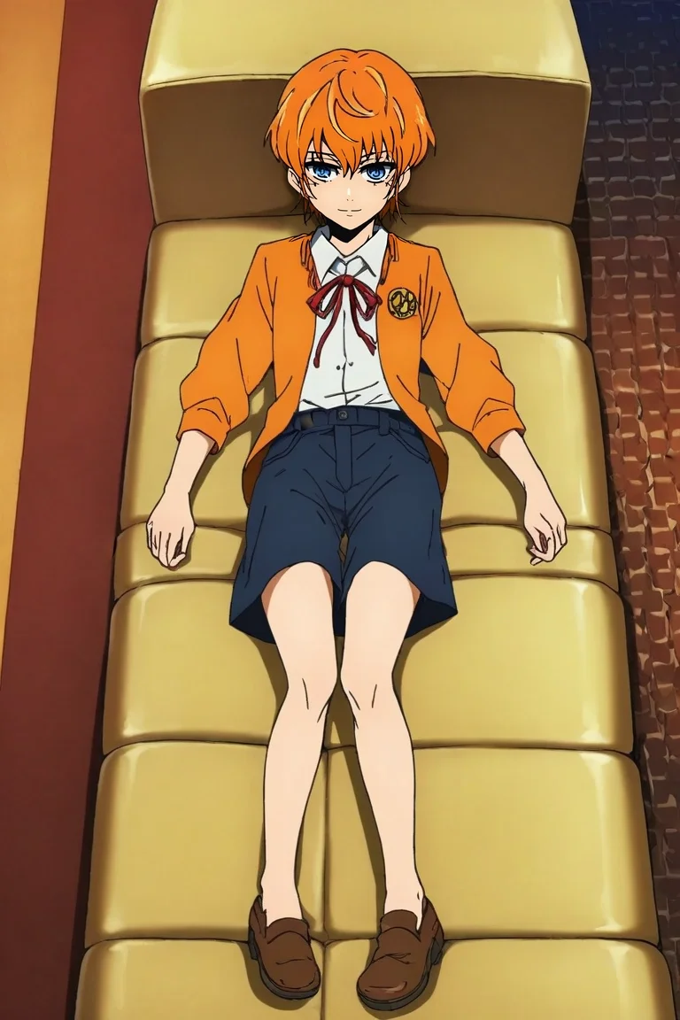 zPDXL, score_9, score_8_up, score_7_up, rating_safe, intricate details, , , 1girl, kagura \(gintama\), gintama, blue eyes, orange hair, solo, wide angle, wide shot, full body, living room, couch, night, full moon, lying, on back, seductive smile, <lora:kami_no_tou_style_pony:1.18>, kami_no_tou_style, , <lora:sdxl_lightning_8step_lora:1>
