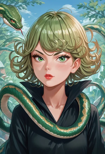 score_9,score_8_up,score_7_up,score_6_up,score_5_up,source_anime,1girl, 1girl, tatsumaki, green eyes, saitama outfit, shortstack, looking at viewer, bald girl, 19yo, lipstick , flirty, snake, snake on shoulders, upper body view,