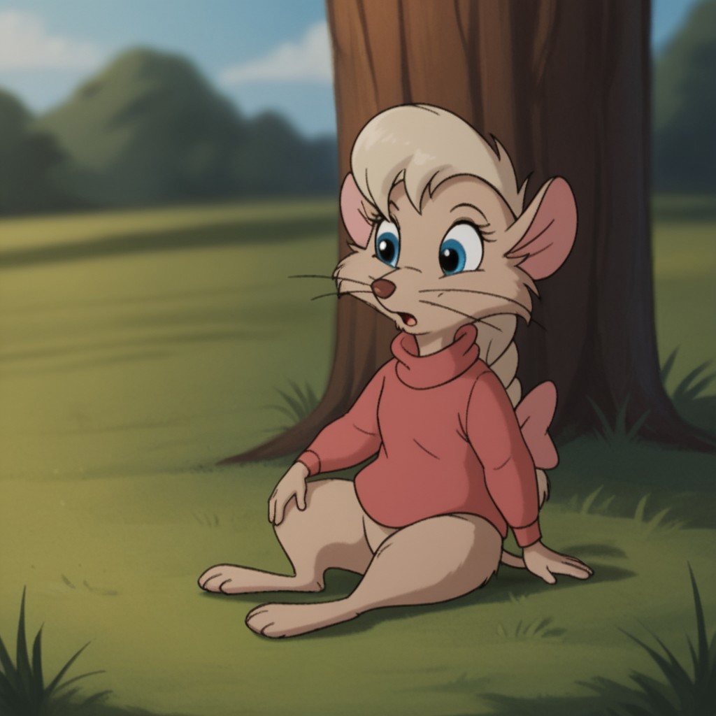 score_9, score_8_up, score_7_up, score_6_up, score_5_up, score_4_up, source_furry, jennynimh2, semi-anthro, female, mouse, brown fur, ponytail, pink sweater, long sleeves, blue eyes, outside, sitting, in the grass, pink  bow, solo, 1girl