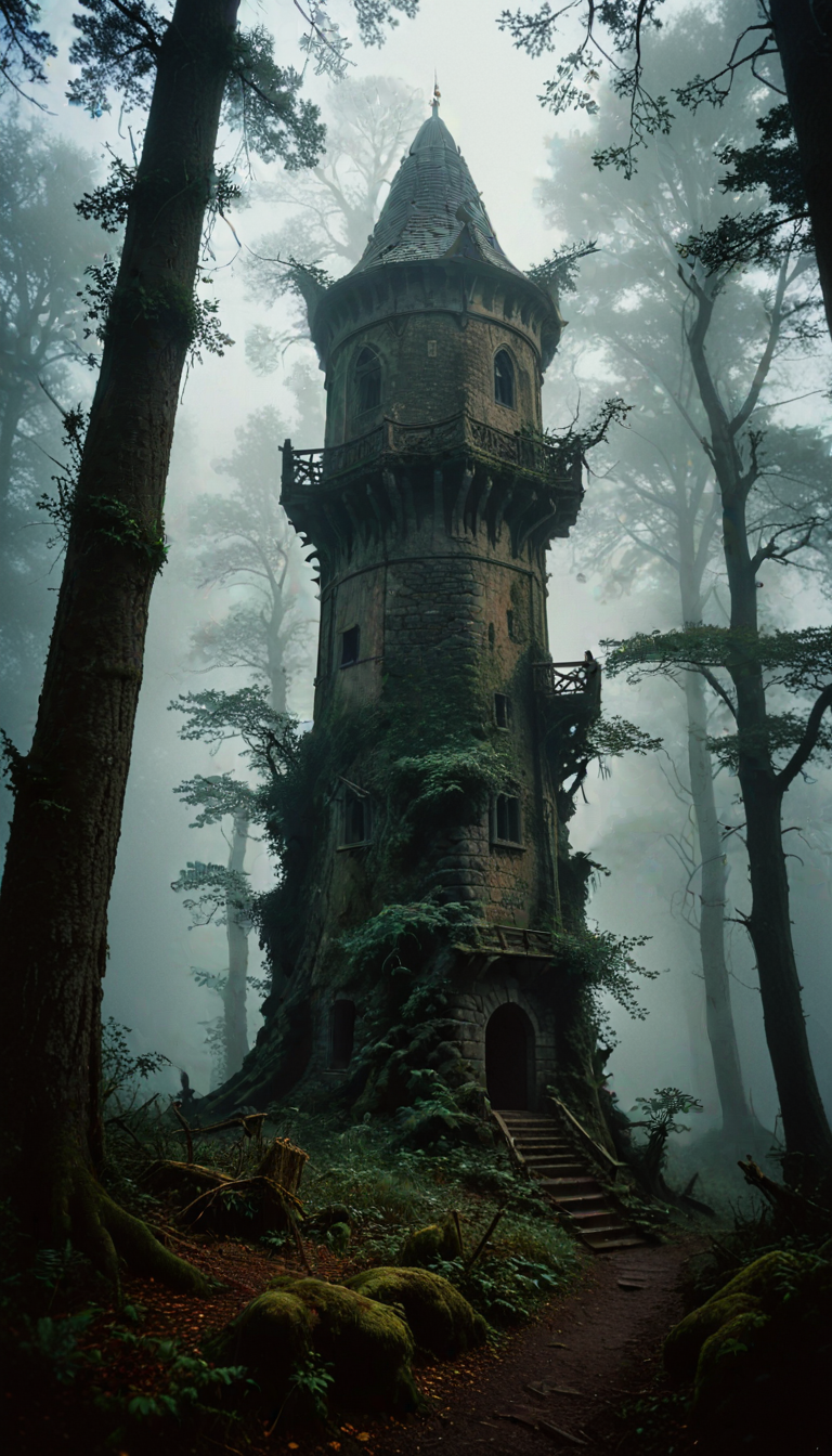A towering wizardâs tower in a dark forest, surrounded by ancient trees and shrouded in mist. The mysterious setting is captured on Kodak Portra 400 film with a Hasselblad 500C/M camera, using a Carl Zeiss Jena Pancolar 50mm f/1.8 lens, high-sharpness, 8k, chiaroscuro lighting, cinematic.<lora:xl_more_art-full_v1:0.25>,<lora:zavy-cnmtc-sdxl:0.25>,<lora:zavy-cntrst-sdxl:0.45>,<lora:MJ52:0.25>,<lora:aidma-Image Upgrader-v0.1:0.3>,