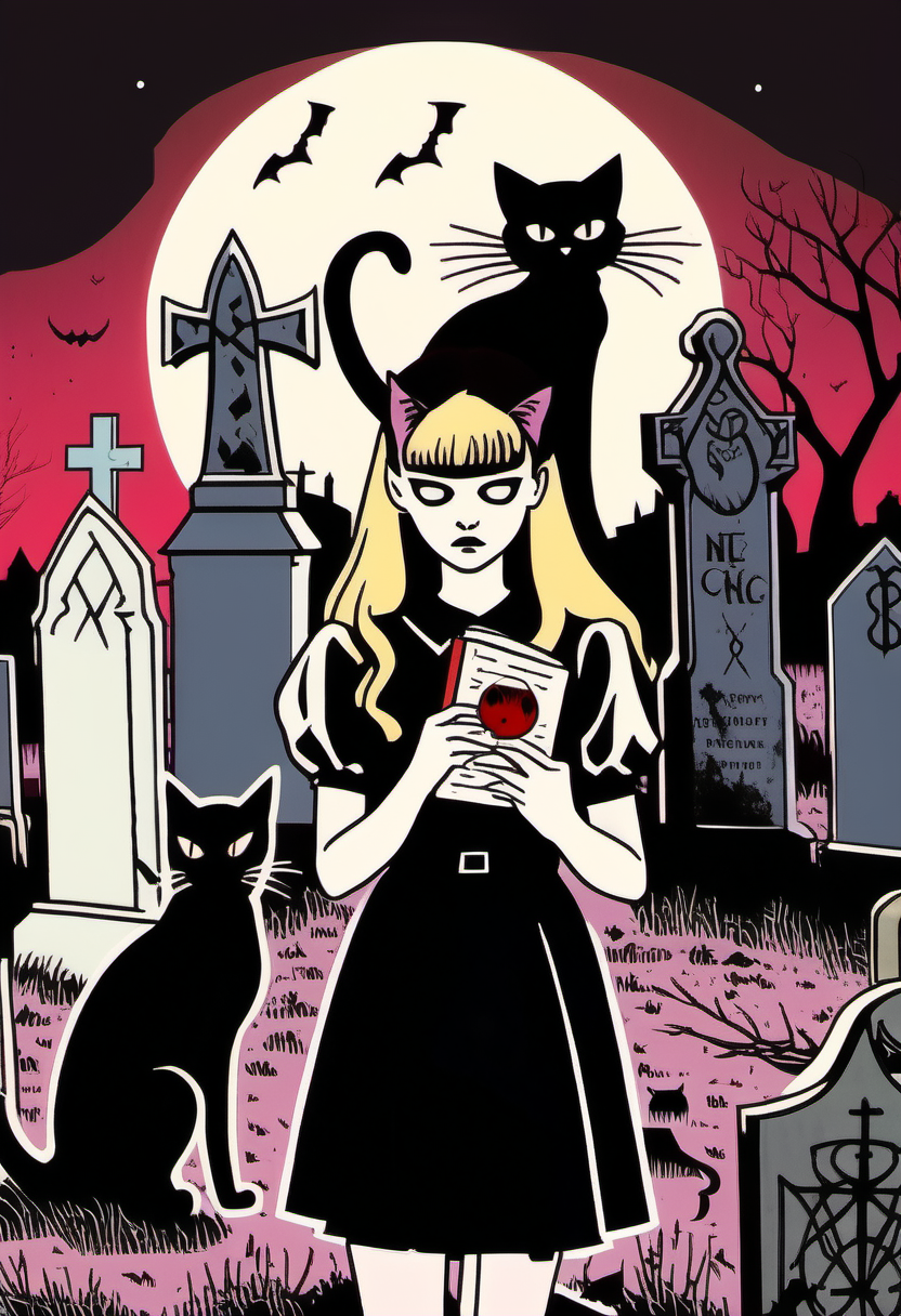 A teenage witch from the 1990s with a quirky sense of fashion mixing gothic and preppy styles holds a magical grimoire and an evil black cat in a graveyard with a blood moon off in this distance. 1990s indie horror film. <lora:Everly_Heights_Comics:1>