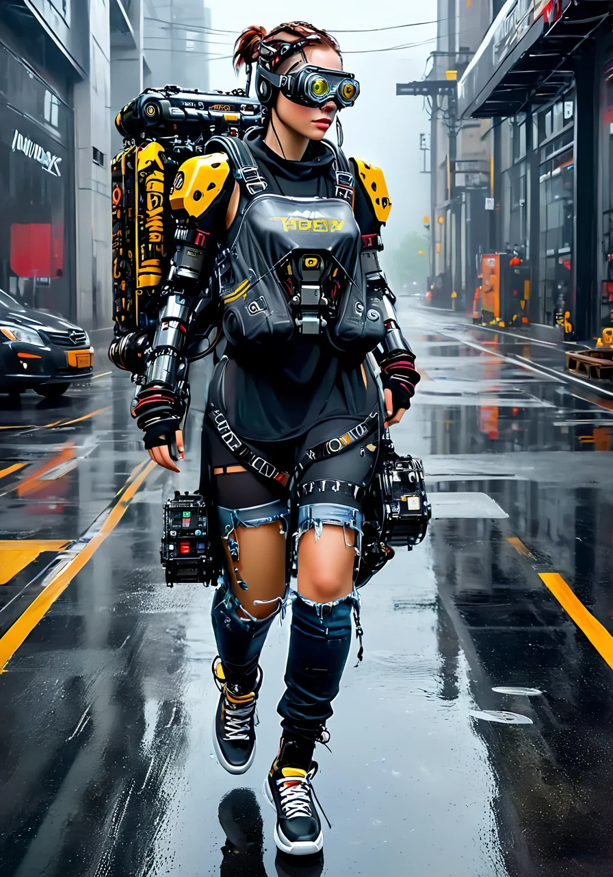 a cyborg woman, <lora:excybertechsdxl:1>, excybertechsdxl, best quality, masterpiece, mechanical parts, detailed, intricate, sneakers, cyber-ninja, robotic arms, large backpack, goggles, reflections, rain,