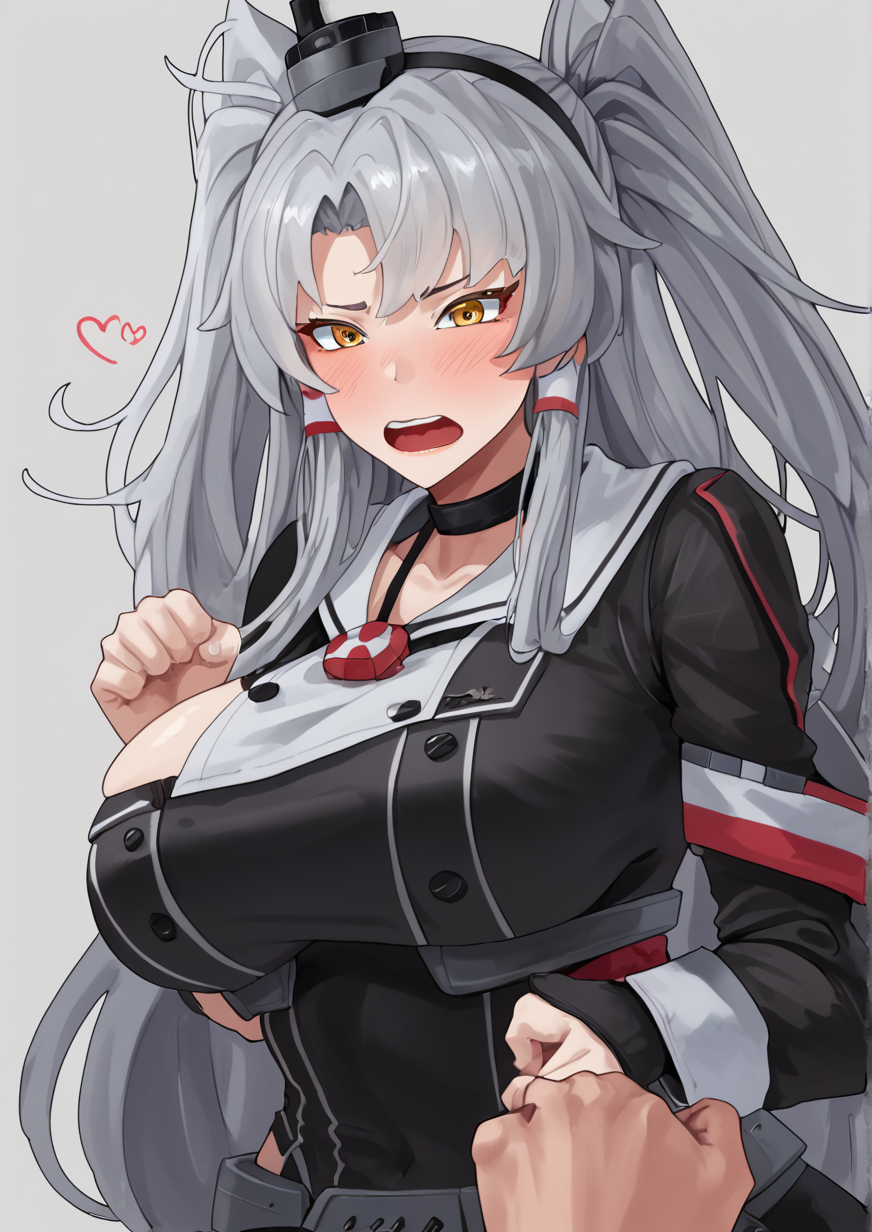 1girl, amatsukaze (kancolle), huge breast, blush, clenched hands, gloves, grey hair, hair tubes, hairband, heart, long hair, open mouth, single glove, solo, two side up, upper body, yellow eyes, <lora:arapanchi:1>
