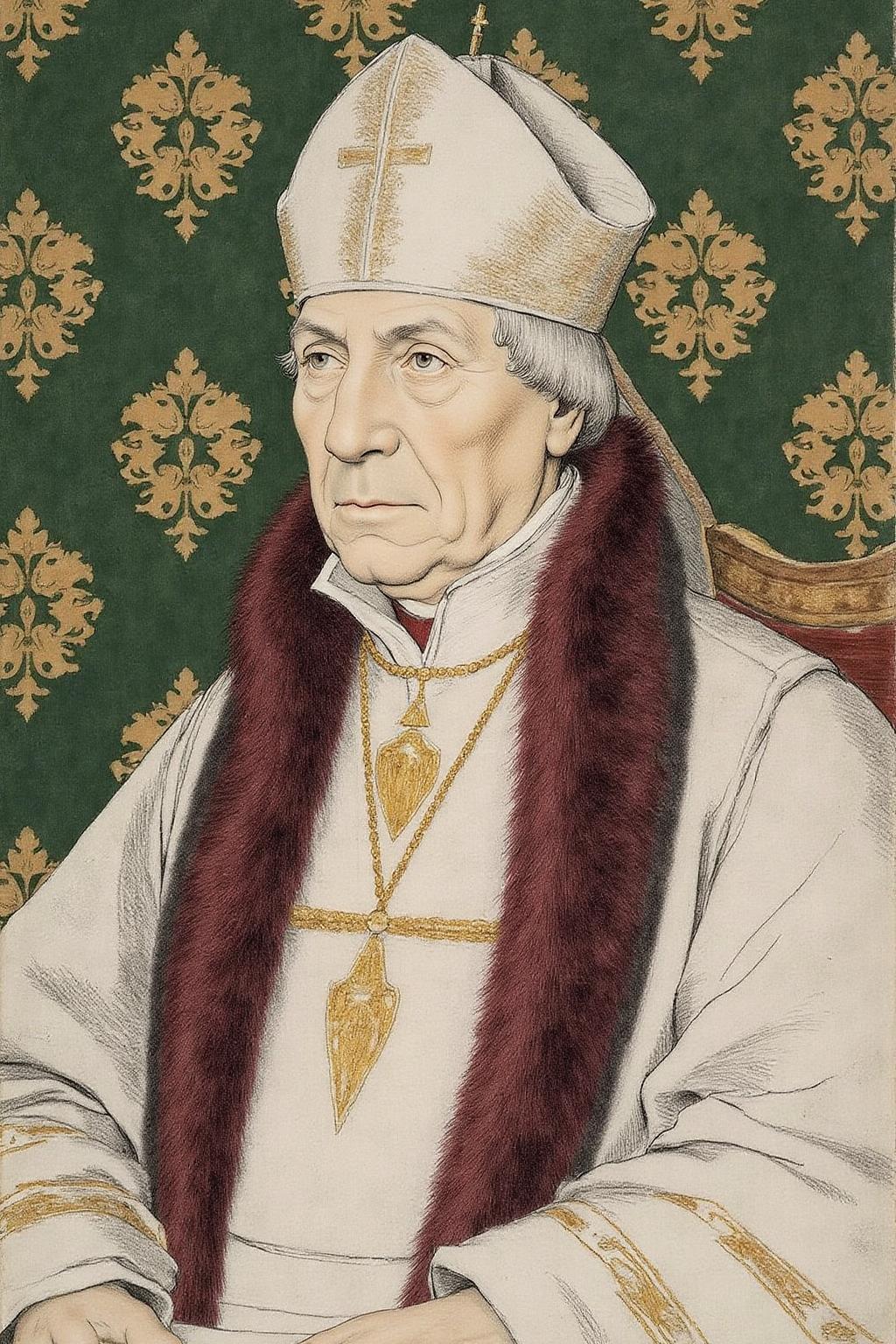 hansho1 monochromatic pencil drawing,
An elderly high-ranking clergyman in a rich, historical setting. The man, dressed in a white, ornate alb with a deep burgundy fur-lined cape draped over his shoulders. There is a cross and a bishop's cap behind him. The background features a rich, dark green fabric with intricate, gold-patterned damask designs, adding to the regal and ecclesiastical atmosphere.  <lora:hansho2_nocap_d6a3e12:1.0><lora:817308624327117644:0>