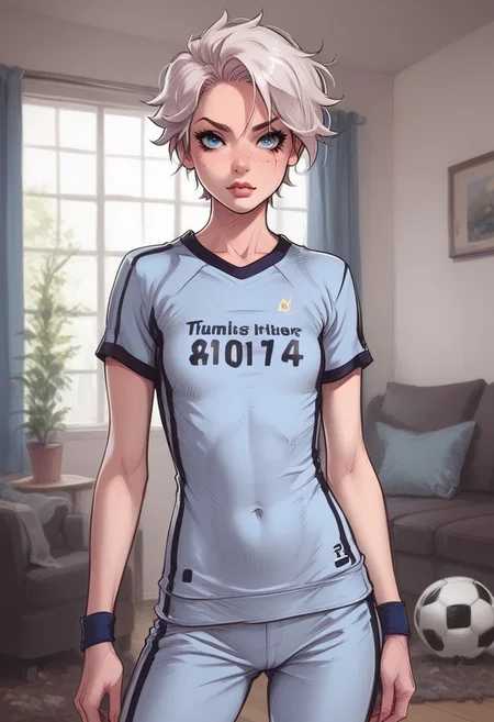 (score_9, score_8_up, score_7_up), melkor_style,
18yo old woman, white hair, tomboy, soccer player, in cute soccer outfit, strong facial features,
blue eyes, perfect eyes, BREAK, standing in a cozy living room, ((Flat chest)), petite, slim