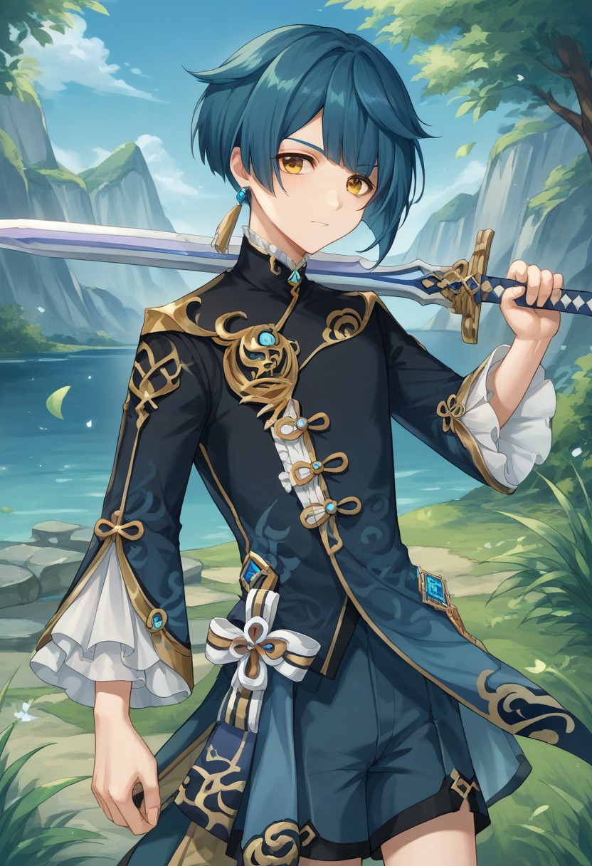 score_9, score_8_up, score_7_up, source_anime, highly detailed, 
Xingqiu, 1boy, male focus, solo, dark blue hair, bangs, short hair, yellow eyes, jewelry, earrings, single earring, tassel earrings, tassel, chinese clothes, coat, blue coat, frills, shirt, frilled shirt collar, frilled sleeves, long sleeves, wide sleeves, shorts, blue shorts, vision (genshin impact), sword, weapon, holding, holding sword, holding weapon,
outdoor, nature,