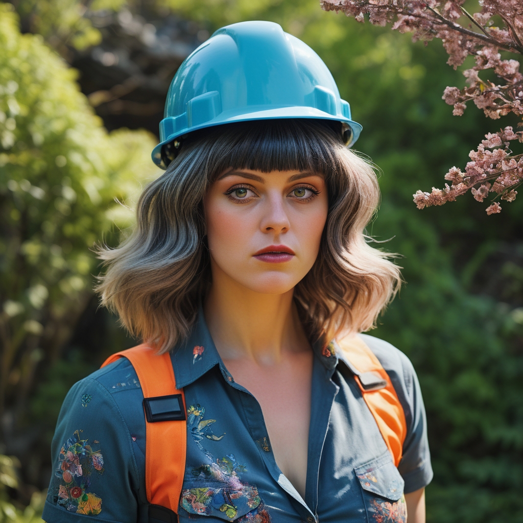 [ (stylized by Vik Muniz:1.1) and Grayson Perry and (Rudolph Belarski:1.3) :13], photography art, Unity Engine, award winning, Macho hefty (Female Construction worker of Elements:1.3) , majestic, Bangs hair, Psychedelic background, dense foliage with Nature, Spring, Sharp and in focus, Contemporary, Flustered, stylized, Circular polarizer, anaglyph effect, behance HD