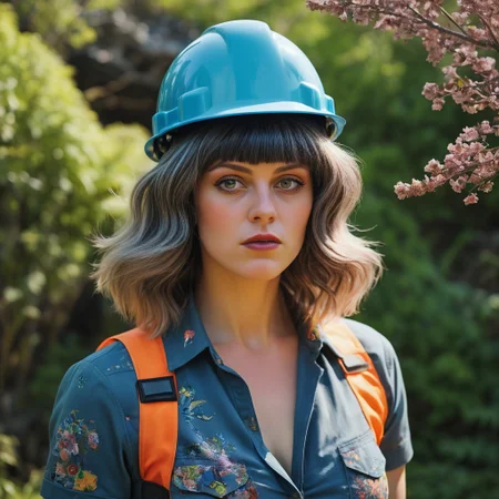 [ (stylized by Vik Muniz:1.1) and Grayson Perry and (Rudolph Belarski:1.3) :13], photography art, Unity Engine, award winning, Macho hefty (Female Construction worker of Elements:1.3) , majestic, Bangs hair, Psychedelic background, dense foliage with Nature, Spring, Sharp and in focus, Contemporary, Flustered, stylized, Circular polarizer, anaglyph effect, behance HD