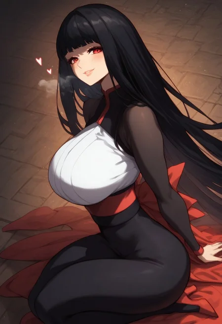 score_9_up, score_8_up, score_7_up, score_6_up, score_5_up, score_4, source_anime, 1girl, red eyes, black hair, blunt bangs, long hair, Japanese clothing, long sleeves, red bow at the waist, black pants, red heels,
alone, solo, huge breasts, gigantic round ass, perfect ass, thick thighs, cinematic lighting,
blushing skin, dynamic angle, unique angle, skin tight, looking at viewer, inside a palace,
expressiveh, (heart dynamics:1.2),
blush, erotic face, smirk, heavy breathing, steaming_body, above view