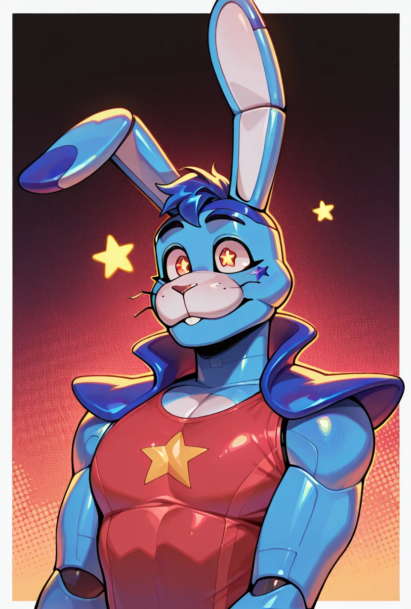 <lora:glambon-10:1> glambon, rabbit ears, cyan skin,, male focus, red swim suit, sleeveless, , solo, star (symbol), robot, furry,, masterpiece, best quality, amazing quality, very aesthetic, absurdres, newest,, upper body, halftone effect, white borders, abstract background:1.2,