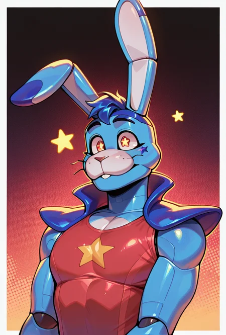 <lora:glambon-10:1> glambon, rabbit ears, cyan skin,, male focus, red swim suit, sleeveless, , solo, star (symbol), robot, furry,, masterpiece, best quality, amazing quality, very aesthetic, absurdres, newest,, upper body, halftone effect, white borders, abstract background:1.2,