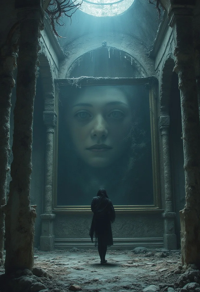 Beauty, realism, cinematic quality, chiaroscuro, rays of light, play of shadow and light, cinematic style,
A thought-provoking, conceptual painting that explores the theme of mistakes that can't be corrected. The artwork features a crumbling, ancient building with a large, central painting that appears to depict a young woman. The woman's face is partially obscured, as if something has been removed or erased from the painting. The atmosphere is somber, with a color palette of muted blues and grays, creating a sense of despair and immutability., painting, conceptual art, illustration, dark fantasy