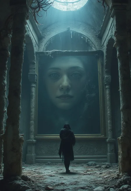 Beauty, realism, cinematic quality, chiaroscuro, rays of light, play of shadow and light, cinematic style,
A thought-provoking, conceptual painting that explores the theme of mistakes that can't be corrected. The artwork features a crumbling, ancient building with a large, central painting that appears to depict a young woman. The woman's face is partially obscured, as if something has been removed or erased from the painting. The atmosphere is somber, with a color palette of muted blues and grays, creating a sense of despair and immutability., painting, conceptual art, illustration, dark fantasy