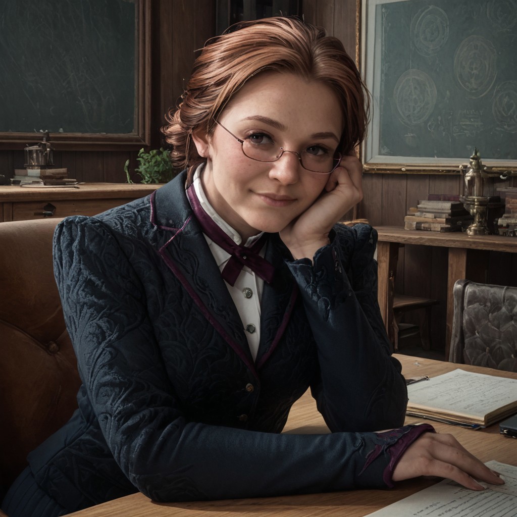 score_8, score_9, break, prof_weasley, 1girl, brown hair, glasses, formal dress, sitting, desk, looking at viewer, head rest