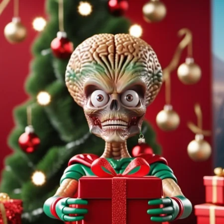 MarsAttack1024, an alien, ++((full body)), christmas scenery, garlands, gifts, christmas tree, features intricate detail, detailed eyes, highly detailed, photography, ultra sharp, film, bokeh, professional, 4k    <lora:MarsAttack1024:0.6> <lora:add-detail-xl:2>