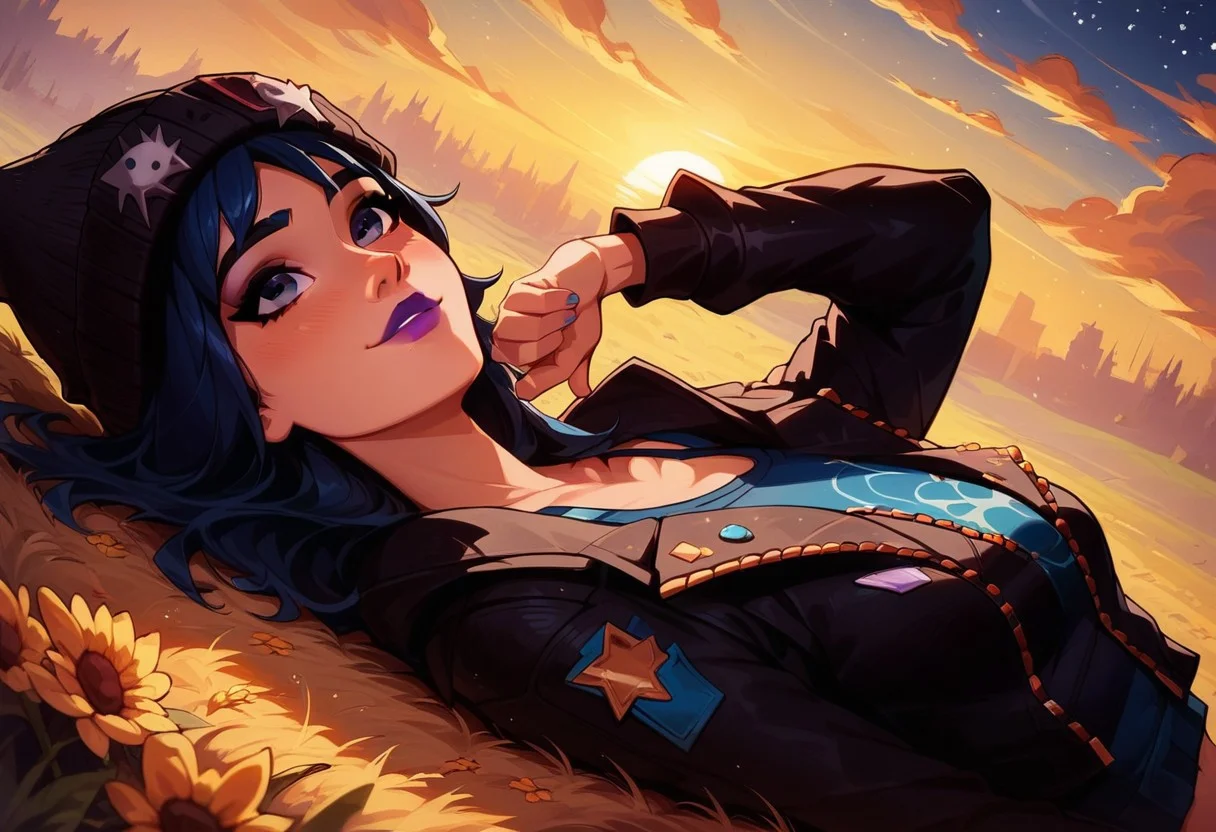 score_9, score_8_up, score_8, laying in field, wheat field, extended arm, magical, relaxing, sunset, starry skies, look up, sports bra, loose jacket, hope_fortnite, blue hair, beanie, sexy, cute face, kawaii girl, smiling, posing, posing at an angle, dynamic sexy pose, very cute, adorable, shiny skin, volumetric lighting, aesthetic design, dramatic angle, dramatic framing, cinematic framing, y0tt4